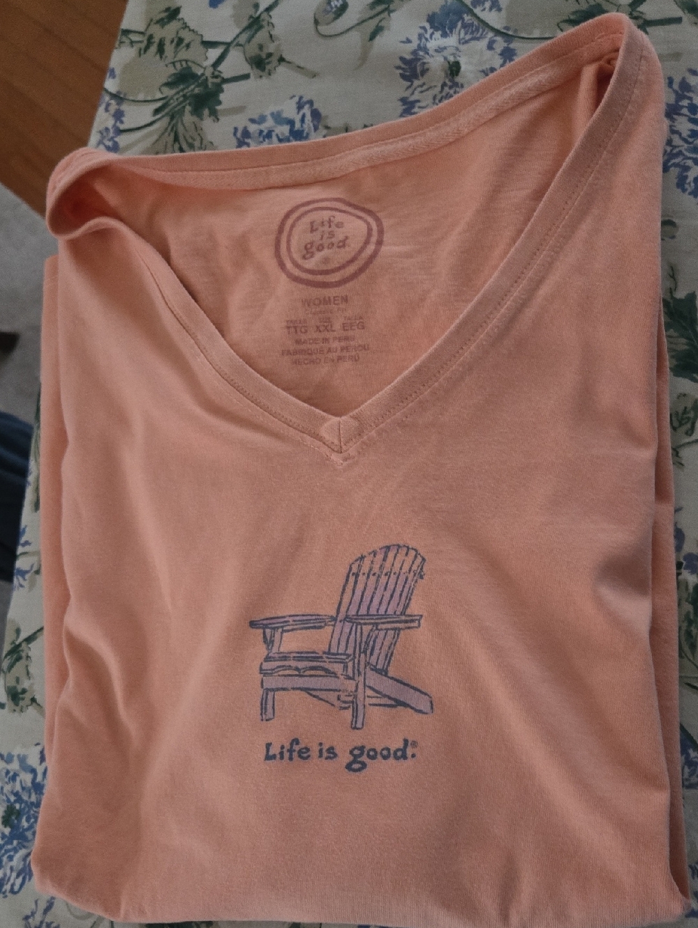 Life Is Good Peach V-Neck Tee with Navy Adirondack Graphic. XXL